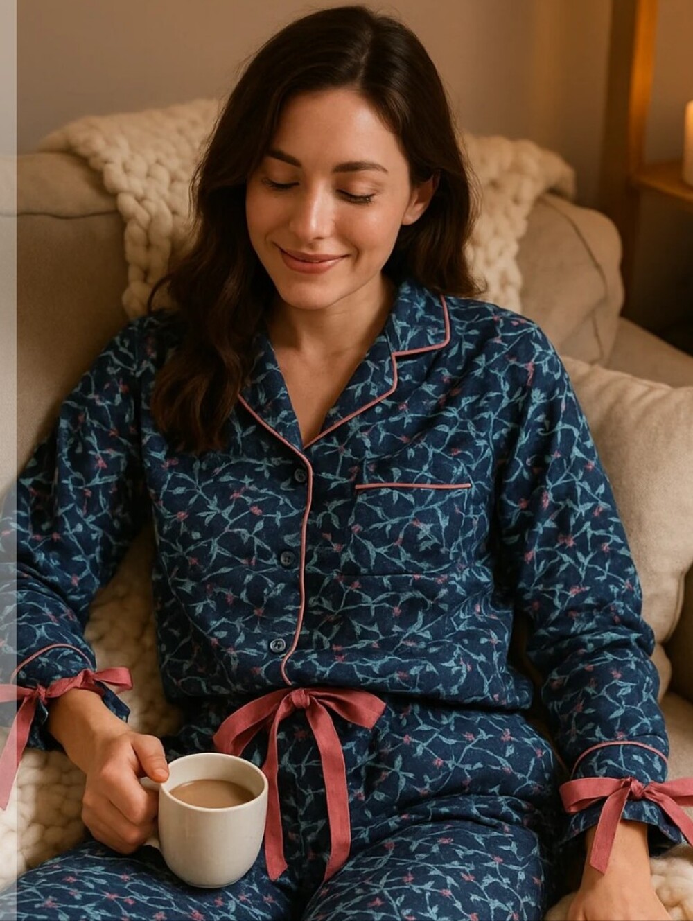 Simply Southern Blue Ribbon Pattern Pajama Long Sleeve - Velvet Ribbon Accent
